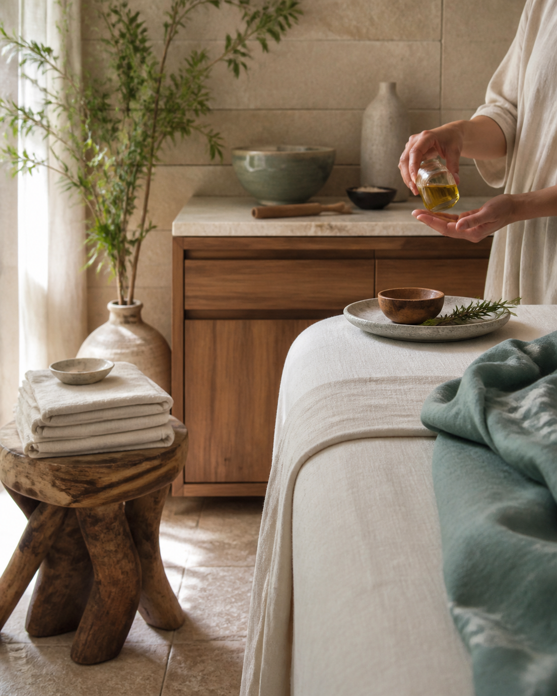 A tranquil body ritual room with botanical oil