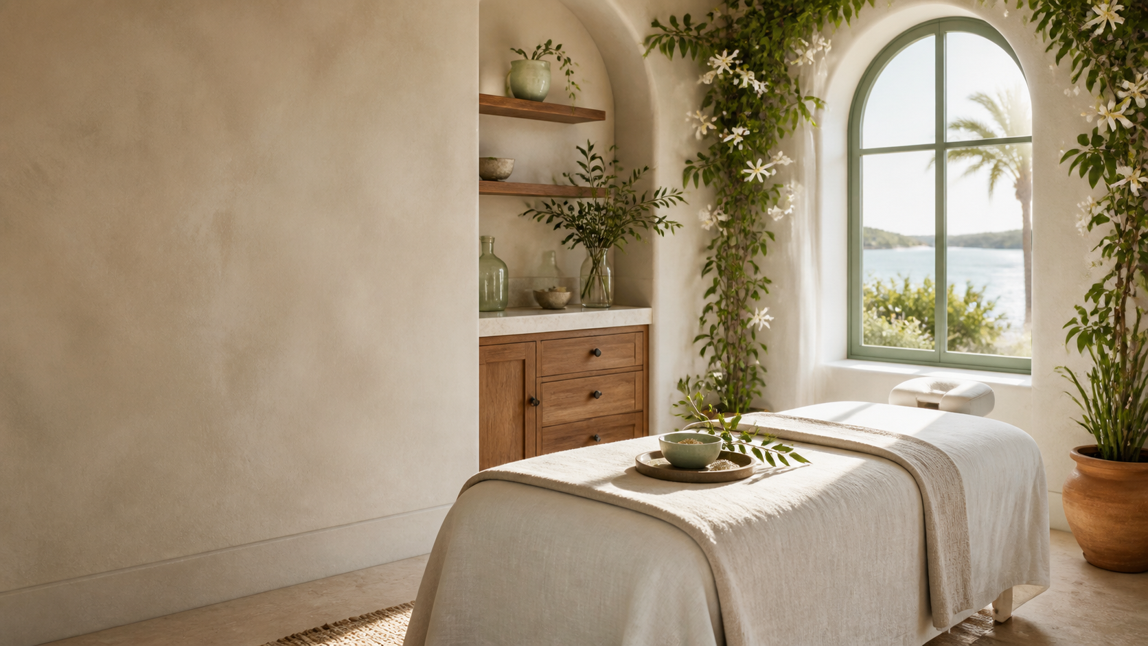 Sunlit, vine-filled treatment room at Vine Garden Charleston