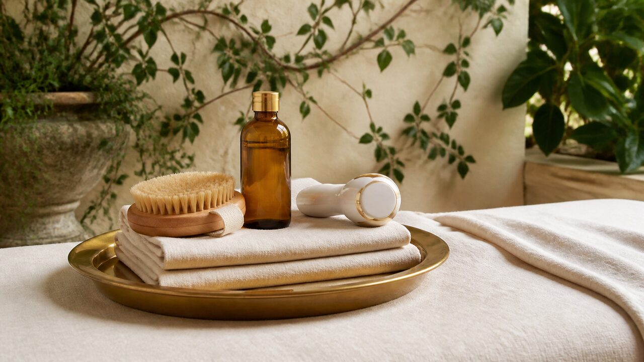 The VIP package set: massage brush, body oil, and slimming device