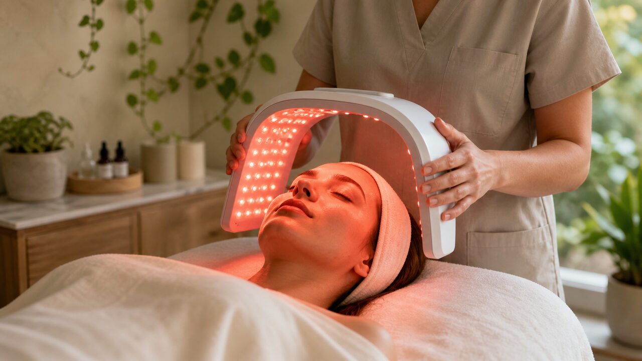 An esthetician positioning the LED panel during a light therapy facial
