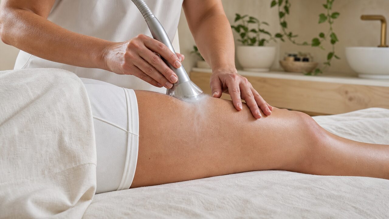 A body cryotherapy applicator along the thigh