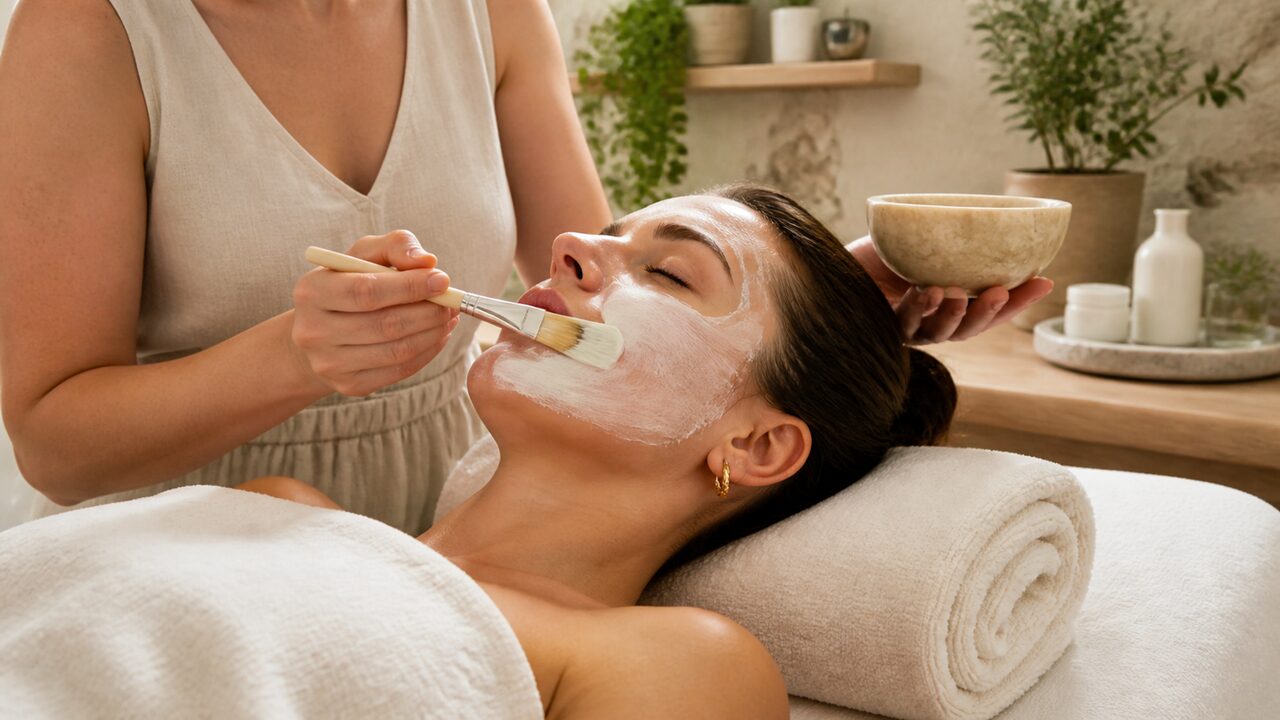 A botanical mask applied with a brush during an express facial